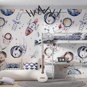 Carta da parati con astronauti per la sala giochi dei bambini, murales per cameretta dei bambini con tema spaziale, murale per sala giochi con tema galattico, poster per sala giochi con tema spaziale, carta da parati per cameretta dei bambini con tema spaziale