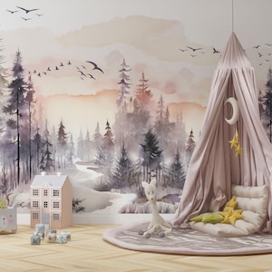 Carta da parati per bambini in stile nordico, stile europeo, murale della foresta, carta da parati rimovibile con colori pastello ad acquerello e stacca e attacca
