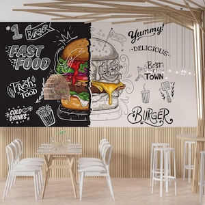 Papel pintado personalizable de restaurante de comida rápida, fácil de quitar, mural de pared de cafetería con estilo de hamburguesas, póster de pared de cafetería con restaurante de hamburguesas