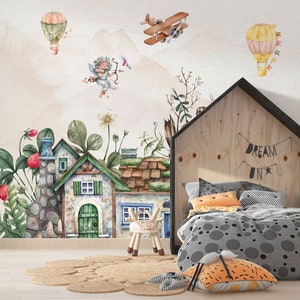 Murale per cameretta con case scandinave e mongolfiere fatate, murale per cameretta con case Hobit, murale autoadesivo per cameretta con case da favola