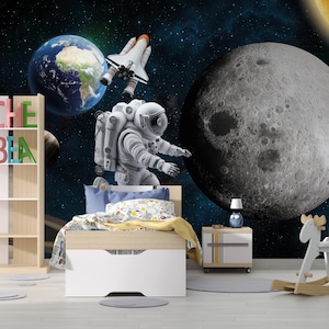 Carta da parati a tema spaziale, astronauta e pianeti, murale per bambini, murale staccabile e attaccabile, carta da parati per bambini, carta da parati per bambini, carta da parati per la sala giochi