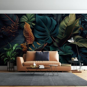 Elegante decorazione murale con foglie tropicali, carta da parati tropicale, murale con alberi verdi staccabile e attaccabile, carta da parati di dimensioni personalizzate, murale con foglie tropicali