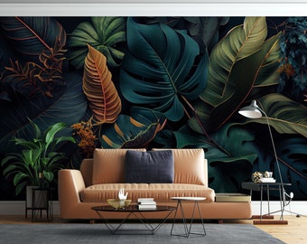 Stylish Tropical Leaf Wall Decor, Tropical Wallpaper, Green Trees Peel And Stick Wall Mural, Customizable Wallpaper, Tropical Leaves Murals