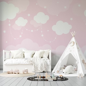 Coloro che preferiscono i toni pastello rosa semplici per la carta da parati per bambini, murale per la cameretta dei bambini con cielo e nuvole rosa, carta da parati staccabile e adesiva per la cameretta dei bambini