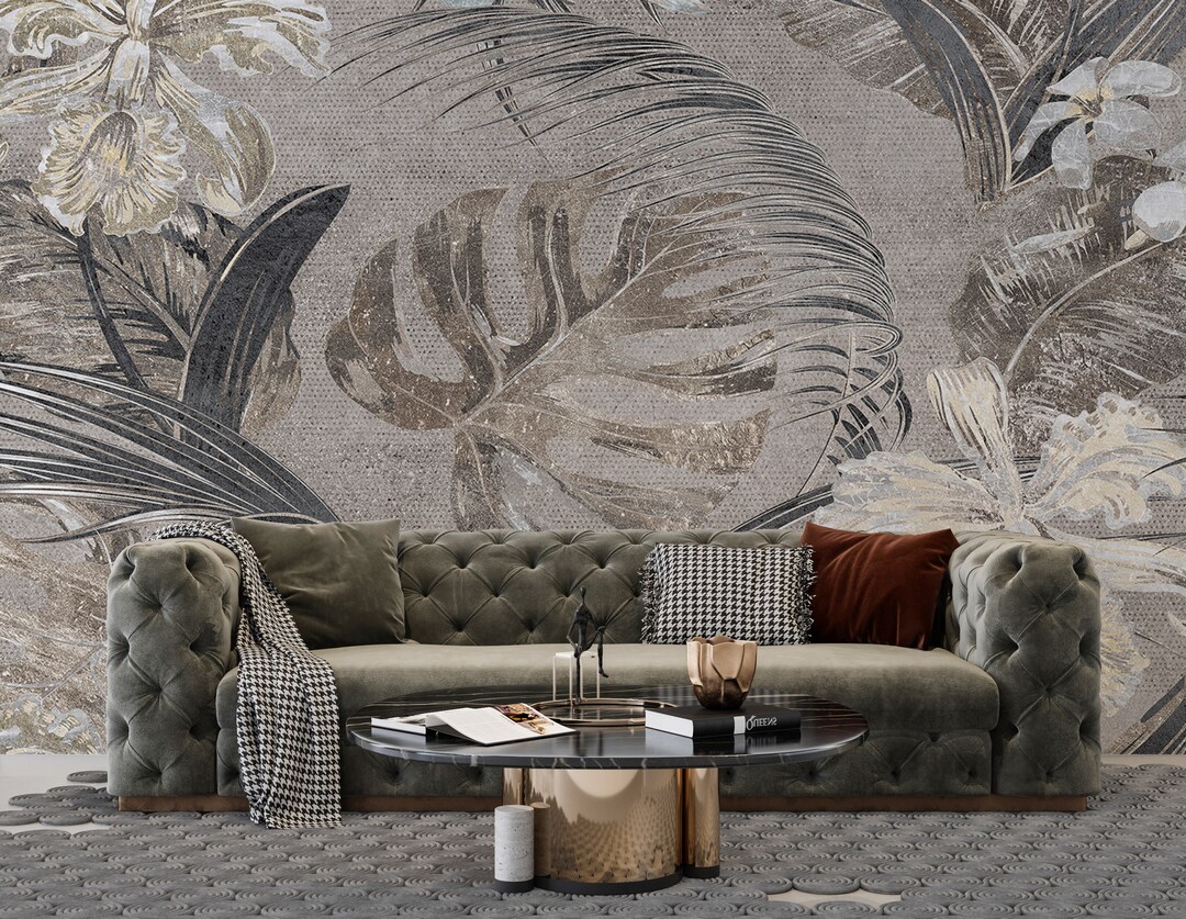 Monstera Leaf Peel and Stick Wallpaper, Gray Beige Tropical Wall Mural ...