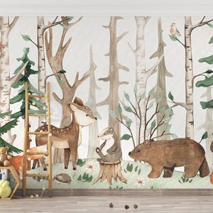 Papier peint aquarelle forêt de bouleaux, décoration murale pour chambre d'animaux des bois, papier peint amovible réutilisable et personnalisable pour enfants