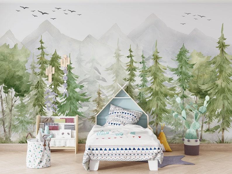 Kids Wallpaper Mountain and Trees Peel & Stick Textured Wall - Etsy