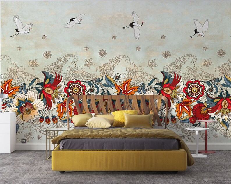 Chinoiserie Peel and Stick Wallpaper Mural Turquoise Vintage Etsy