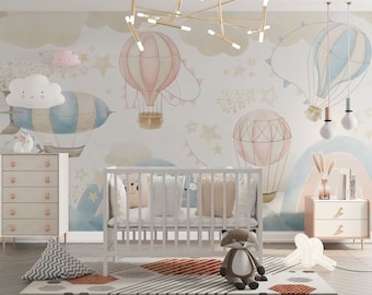 Whimsical Hot Air Balloon Nursery Wall Mural - Beige Color Kids Room Wall Decor - Soft Pink & Blue Baby Room Wallpaper, Rainbow Murals