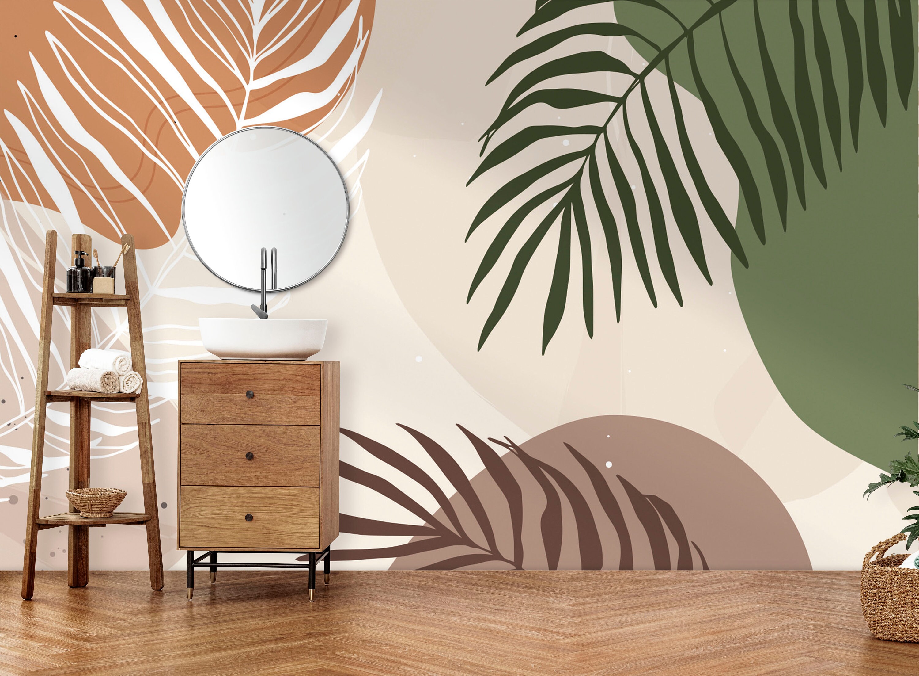 Mid Century Modern Abstract Botanical Wall Mural, Earth Tone Leaf ...