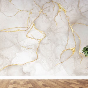 Abstrakte Tapete, moderne Kunst Tapete | Tapete Weiß Gold Marmor | Fluid Art Wandbild | Alkohol Tinte Wallpaper Wandbild Wandverkleidung