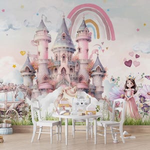 Papel pintado infantil de acuarela con diseño de castillo de hadas, mural autoadhesivo de castillo de princesa, decoración de pared para habitación de bebé, color rosa.