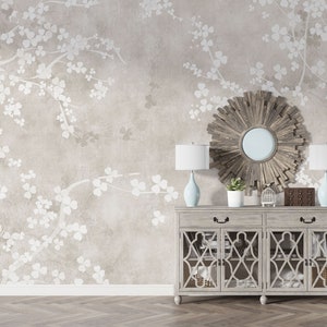 Elegante Chinoiserie Beige Tapete, Vintage Muster Chinoiserie Wandbild, Chinoiserie Schälen & Aufkleben, Chinesischer Garten Blumen Wand Kunst Dekor
