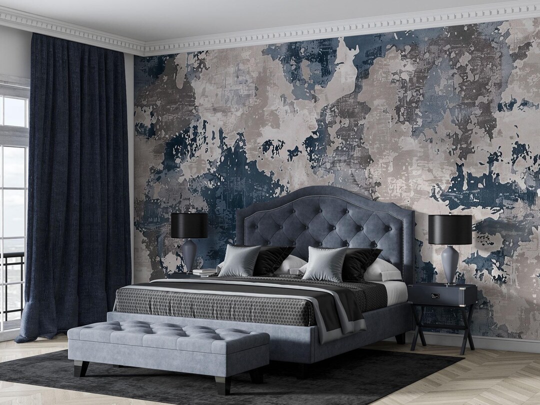 Abstract Rustic Peel and Stick Wallpaper Mural, Blue Gray Ink Wall Art ...
