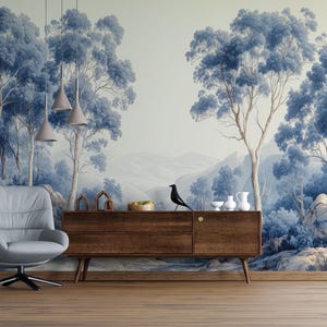 Blue Color Trees Forest Wall Mural, Removable or Regular Wallpaper, Vintage Landscape Painting, Trees Wall Murals, Forest Peel Stick Mural