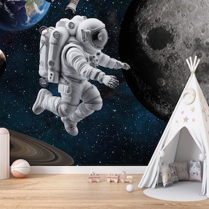 Space Themed Wallpaper, Space Looking Play room Wall Murals, Astronaut and Planets Nursery Child Room Peel And Stick Wall Murals