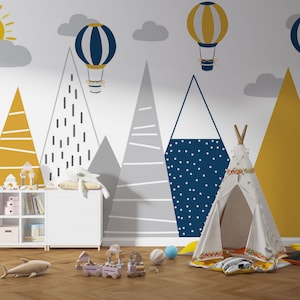 Mountains and Balloons Kids Wallpaper - Yellow Ocher Dark Blue Hills - Children Room Decor Baby Hot Air Balloons Boy Girl Child Wallpaper