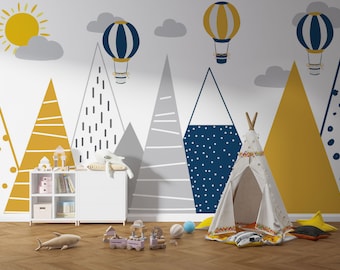 Mountains and Balloons Kids Wallpaper - Yellow Ocher Dark Blue Hills - Children Room Decor Baby Hot Air Balloons Boy Girl Child Wallpaper