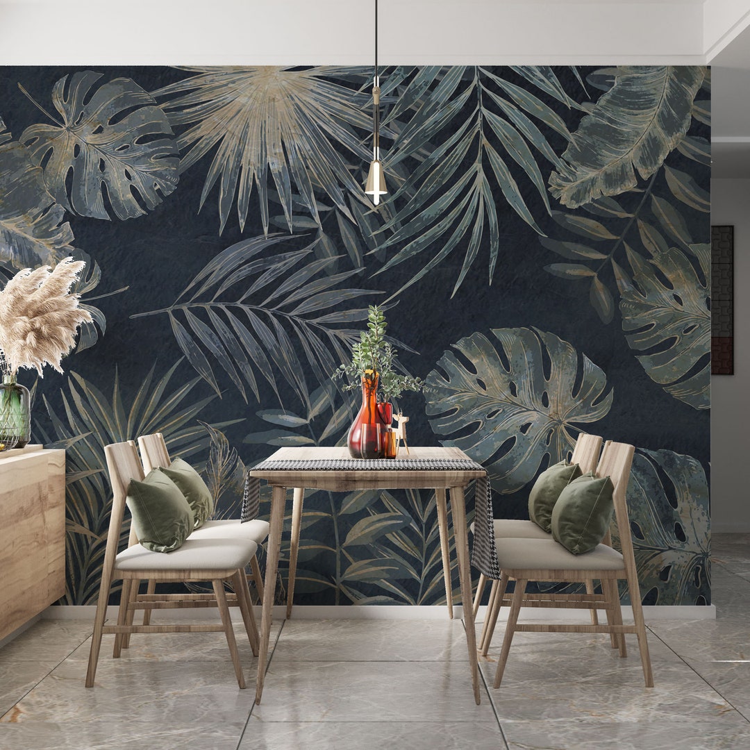 Dark Palm Leaf Wallpaper Mural, Tropical Peel and Stick Wallpaper - Etsy