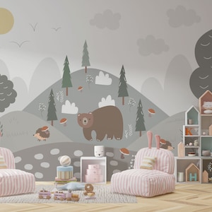 Pastellgrüne Farben Selbstklebende Kinderzimmer-Tapete, niedliche Biertiere Die Berge mit Schälen-Stift Wandbild, Baby-Kind-Tapeten-Wandbild