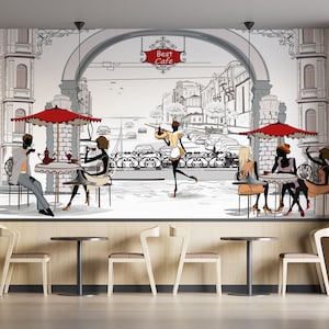 Carta da parati murale con caffetteria, carta da parati con design abbozzato per caffetteria, murale rimovibile per caffetteria francese, poster da parete personalizzabile moderno ed elegante per caffetteria e panetteria