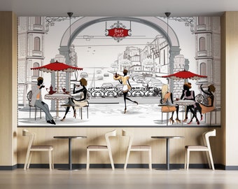 French Style Cafe Restaurants Mural - European Street Café Wall Mural – Hand-Drawn Style Peel and Stick Wallpaper for Coffee Shops
