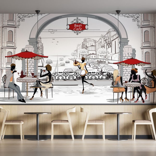 Sketch Design Coffee Shop Wallpaper, Removable French Cafe Mural, Stylish Modern Customizable Bakery Cafe Poster