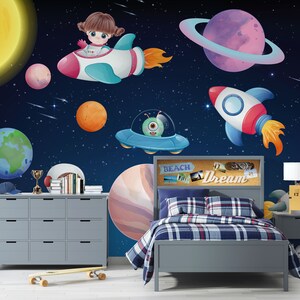 Carta da parati personalizzabile per la sala giochi dei bambini con astronauti e avventure spaziali, murale con pianeti del sistema solare, murale con adesivi per la cameretta degli astronauti