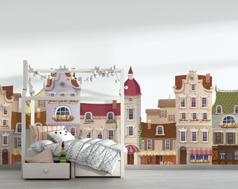 Nordic City House Barntapet – Söta byhus, självhäftande tapet med självhäftande motiv