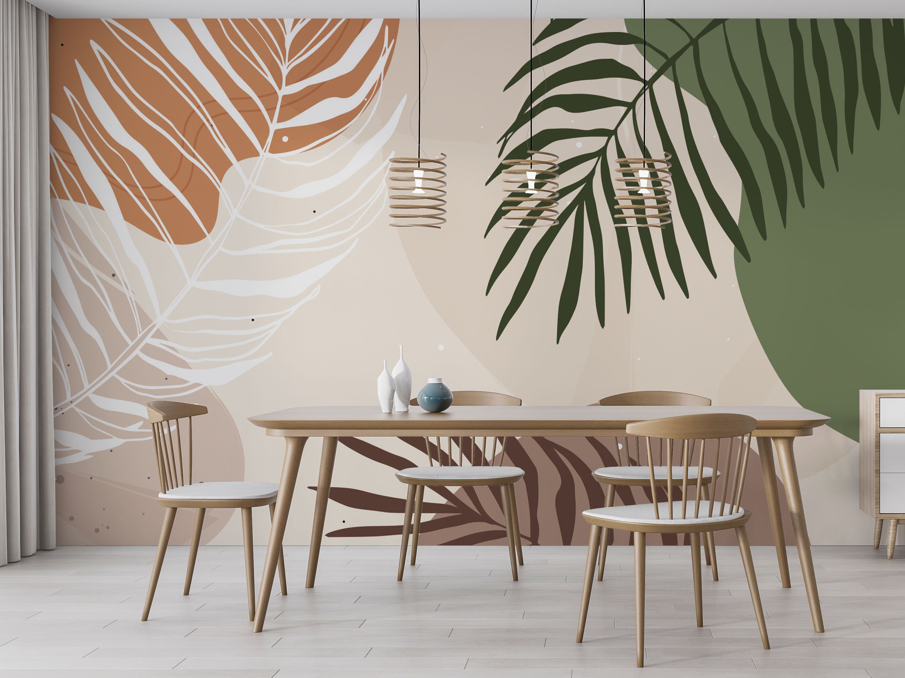 Mid Century Modern Abstract Botanical Wall Mural, Earth Tone Leaf ...