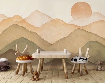 Pastel Colors Sunset and Mountains Self Adhesive Nursery Wallpaper, Sunset Through The Mountains With Watercolor Effect Wall Mural.