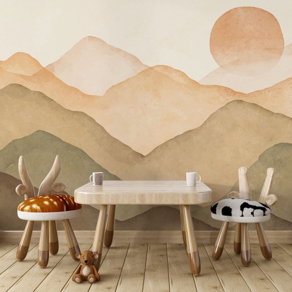 Pastel Colors Sunset and Mountains Self Adhesive Nursery Wallpaper, Sunset Through The Mountains With Watercolor Effect Wall Mural.