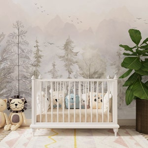 The Nordic Style Kids Wallpaper, European Style, Forest Woods Wall Mural, Peel And Stick Watercolor Pastel Color Forest Removable Wallpaper image 5