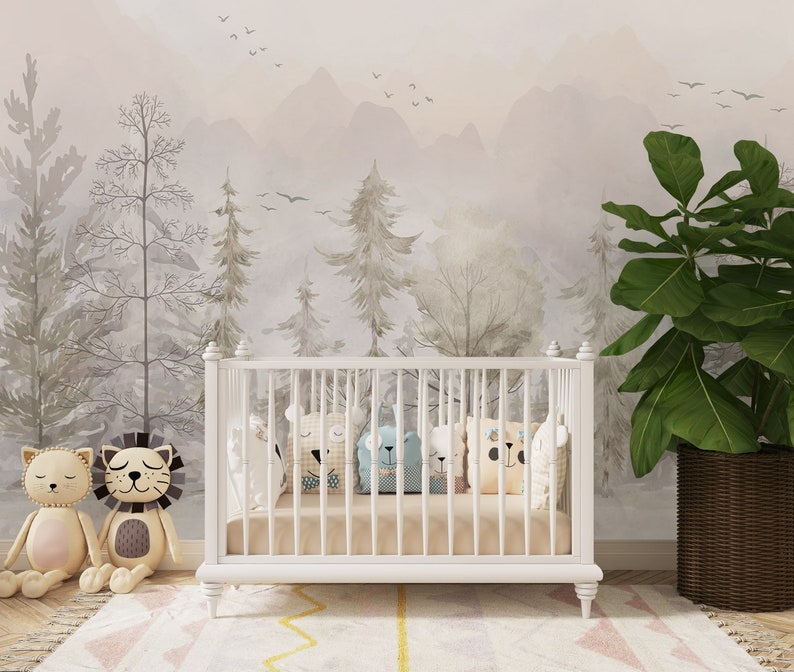 The Nordic Style Kids Wallpaper, European Style, Forest Woods Wall Mural, Peel And Stick Watercolor Pastel Color Forest Removable Wallpaper image 5