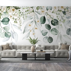 Eucalyptus Flower Peel and Stick Wallpaper, Big Flowers Wall Decor, Pastel Green Color Floral Wallpaper, Big Leaf Mural Self Adhesive Papers