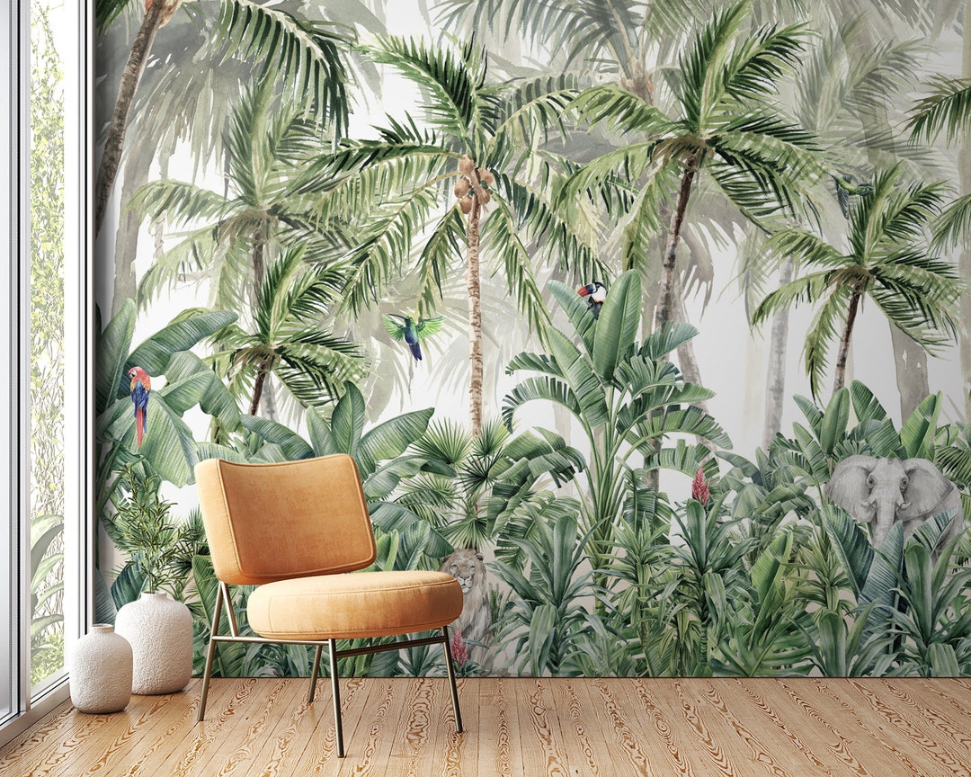Tropical Rainforest Wall Mural – Watercolor Palm Trees, Jungle Animals ...