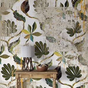 Tropical Leaves Wallpaper, Botanical Leaf Wall Mural, Custom Sizes Bath Room Mural, Plants Leaf Wallpaper, Vintage View Living Room Mural