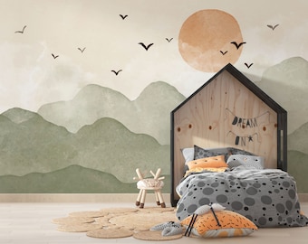 Boho Colors Selbstklebende Kinderzimmer-Tapete, Sonnenuntergang über den Bergen mit Aquarelleffekt zum Abziehen und Aufkleben strukturiertes Wandbild.