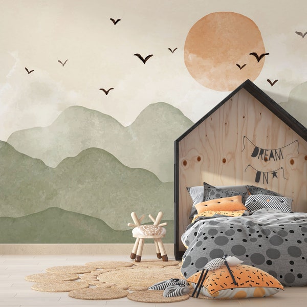 Boho Colors Selbstklebende Kinderzimmer-Tapete, Sonnenuntergang über den Bergen mit Aquarelleffekt zum Abziehen und Aufkleben strukturiertes Wandbild.