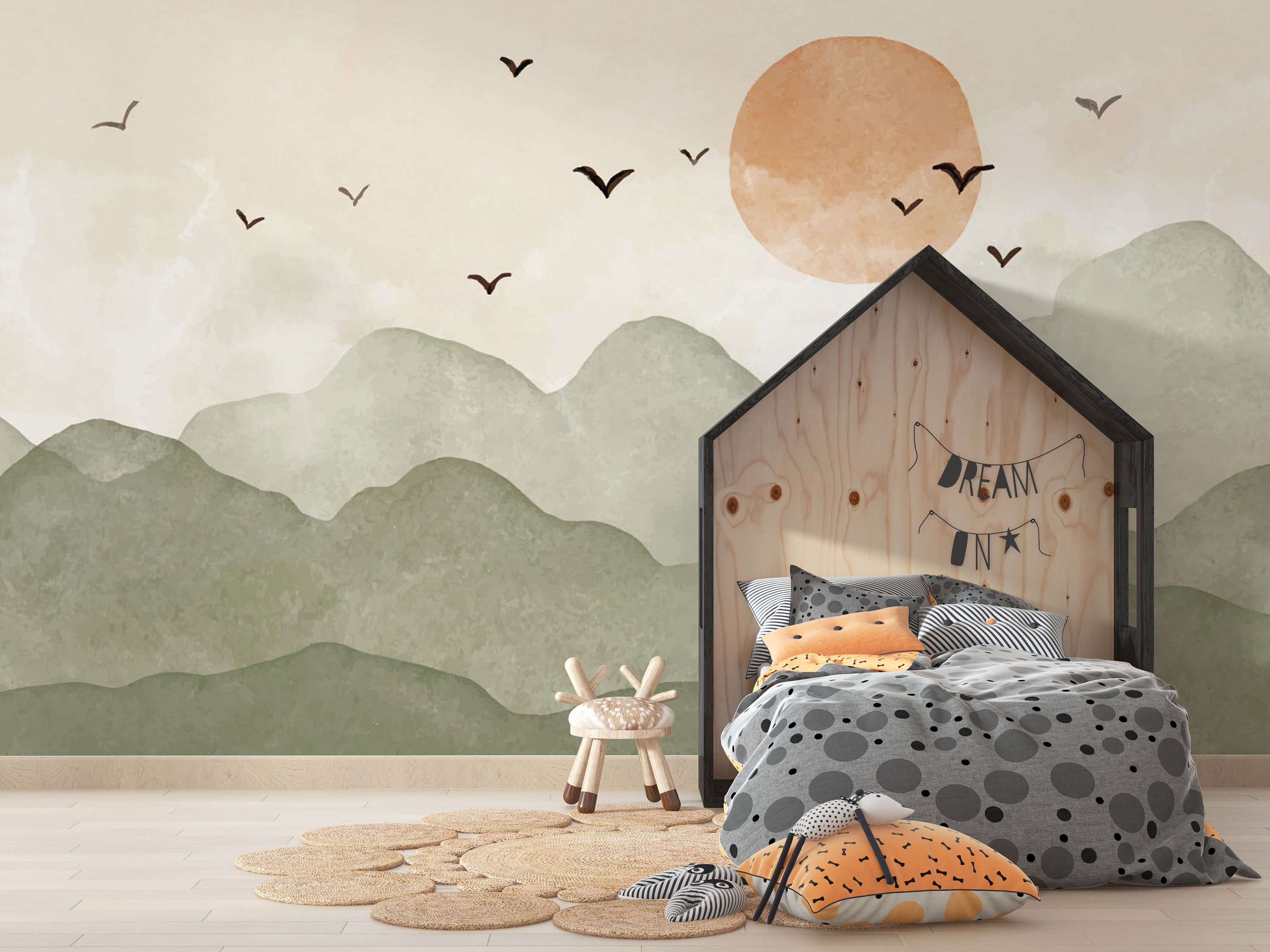 Carta da parati autoadesiva per la cameretta dei bambini Boho Colors, tramonto sulle montagne con effetto acquerello, murale da staccare e attaccare.