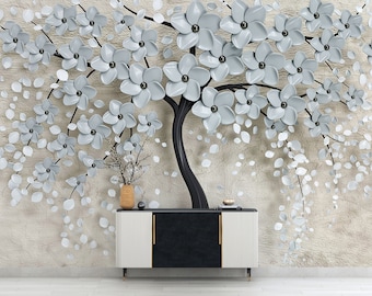 Elegant Chic Gray Tree 3D Wall Mural - Modern Bedroom Decor Wallpaper - 3D Look Tree Floral Wallpaper - Romantic White Flowers Murals