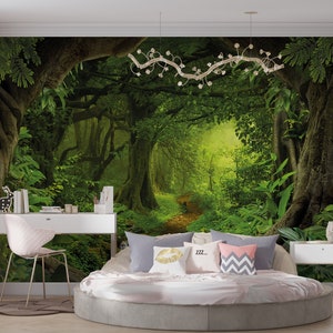 Forest Landscape Wall Mural, Nature Forest Peel Stick Wallpaper Mural, Trees Woodland Nursery Kids Room Mural, Mysterious Forest Mural