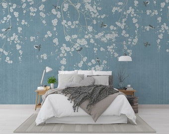Vintage Chinoiserie weiße Blumen Tapete, Floral anpassbare einfach abnehmbare Wohnzimmer, Schlafzimmer Wandbild im asiatischen Stil, Badezimmer Wandbilder