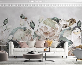Watercolor Lotus Flowers Wallpaper, Easy Removable Pastel Colors Lotus Flower Mural, Big Flowers Self Adhesive Paper, Lotus Florals Wall Art