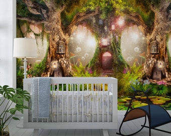 Magic Forest Design Kids Wallpaper, Fairy Forest Houses, Self-adhesive Removable Mural, Child Room Nursery Wall Murals, Tree Houses