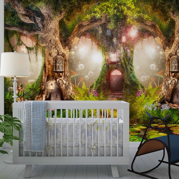 Magic Forest Design Kids Wallpaper, Fairy Forest Houses, Self-adhesive Removable Mural, Child Room Nursery Wall Murals, Tree Houses