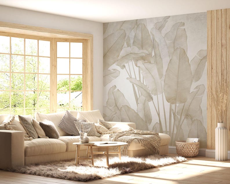 Beige Banana Leaf Wallpaper - Tropical Boho Peel and Stick Wall Mural ...