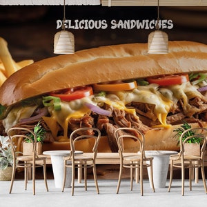 Carta da parati facilmente rimovibile personalizzabile per ristoranti fast food, murales per sandwich café