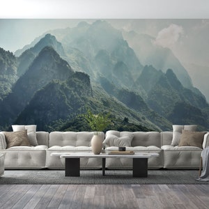 The Fascinating of the Summit Mountains, Summit Mountains Mural, Mountaineering Mural, Forest Wall Mural, Foggy Forest Landscape Pictures