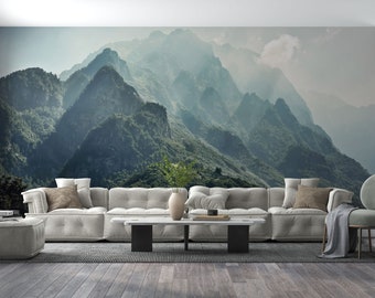 The Fascinating Effect of the Summit, Summit Mountains Mural, Mountaineering Wall Mural, Mountains Wall Mural, Forest Landscape Wallpaper